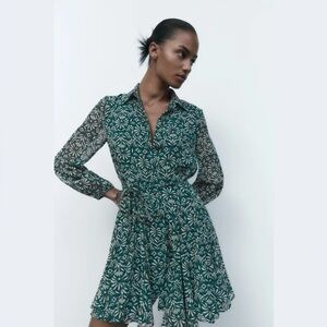 Zara Green Floral Chiffon with Beaded Belted Dress XS
